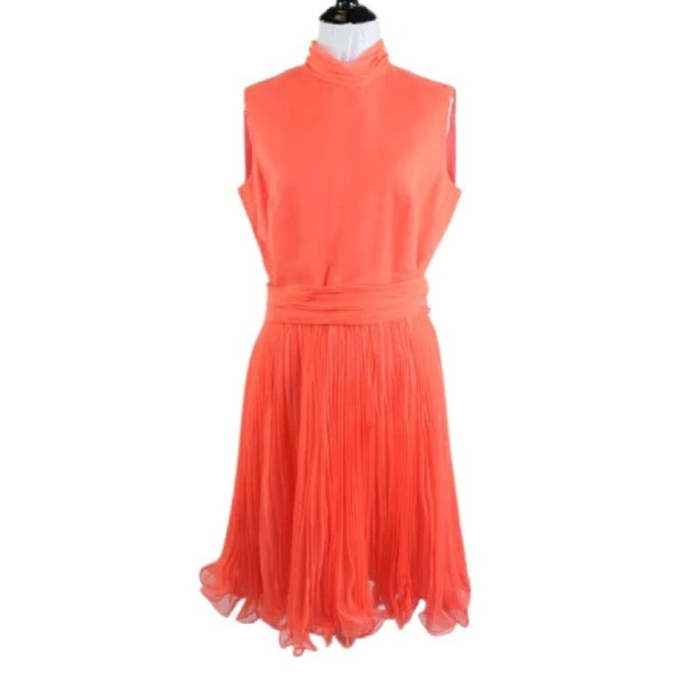 Vintage 1960s Coral Jack Bryan By Dupuis Dress with Pleated Skirt Medium